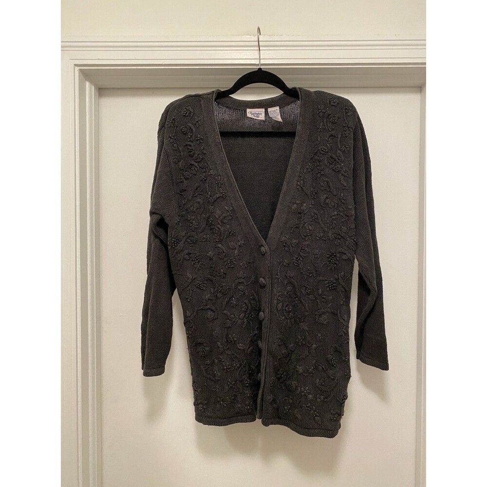 Vtg Cottagecore Cardigan Sweater Sz Medium Grey Goth Fall Whimsy 80s Embroidered